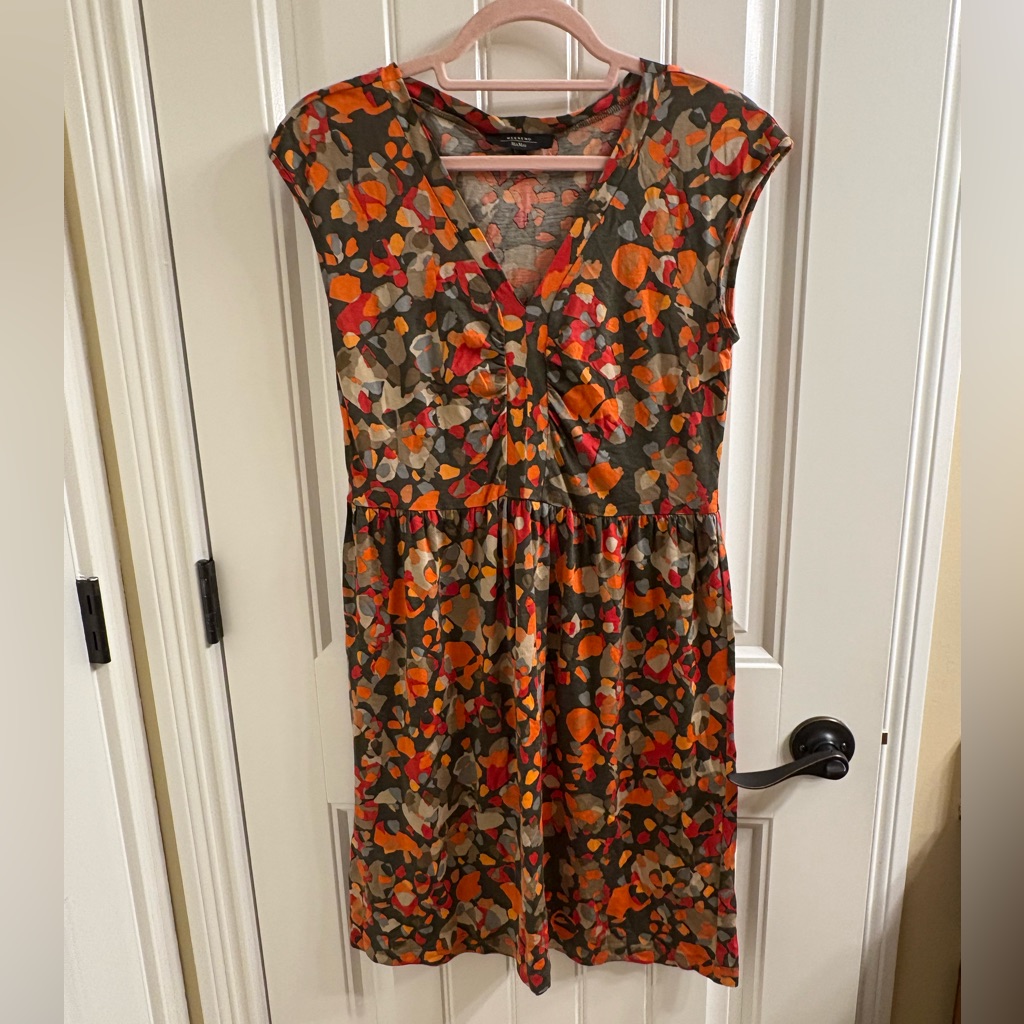 Last Call Maxmara Weekend Shift Dress Orange Brown Print M V-Neck Sleeveless